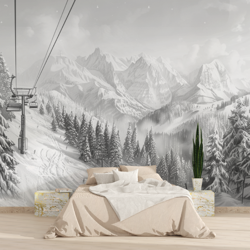Papier peint montagne telecabine noir blanc tapisserie 2025