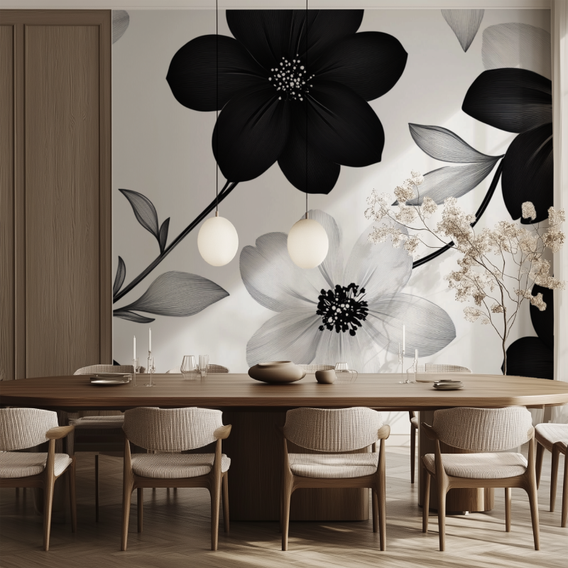 Papier peint fleur noir et blanc salle manger tendance