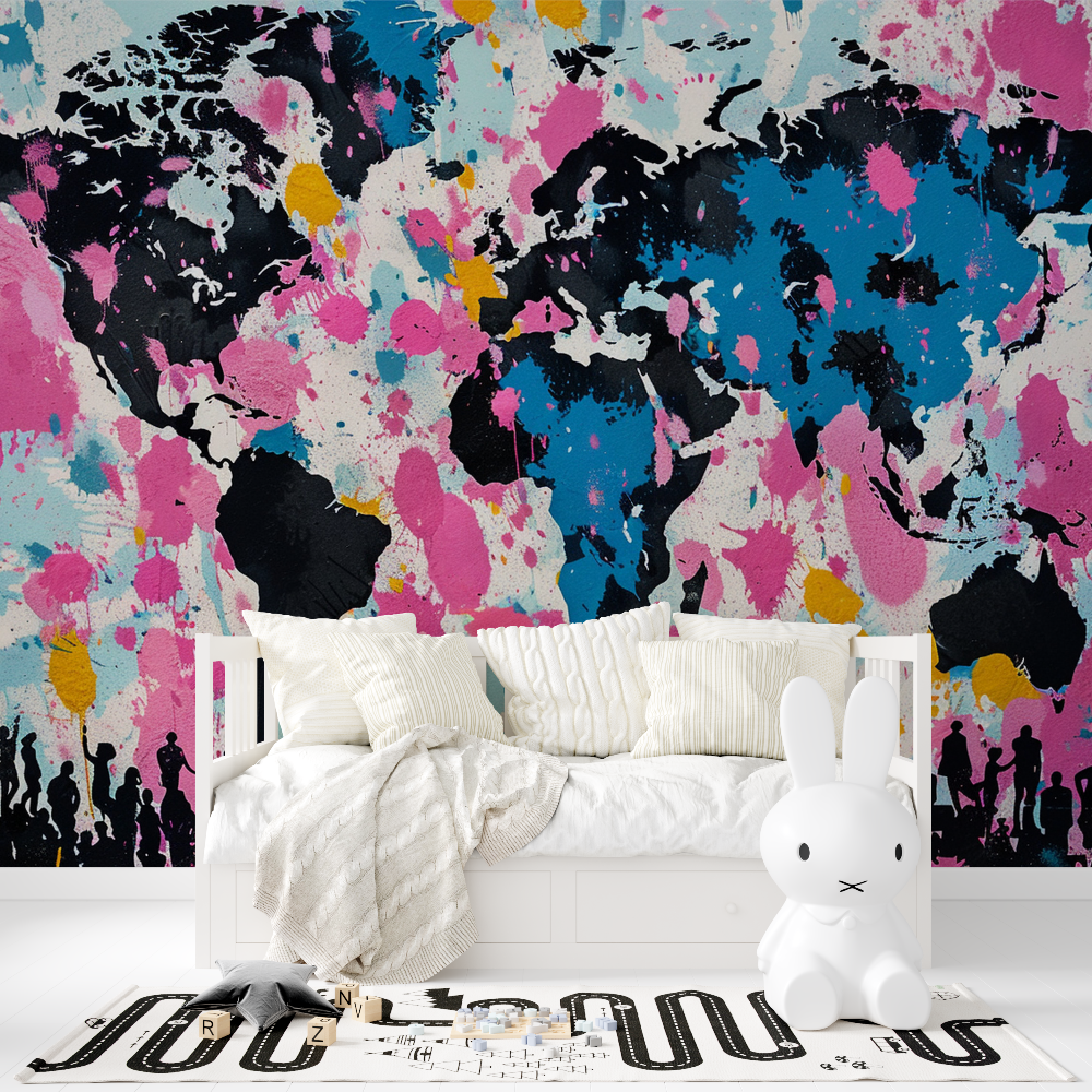 Papier peint carte du monde graffiti rose tapisserie fille