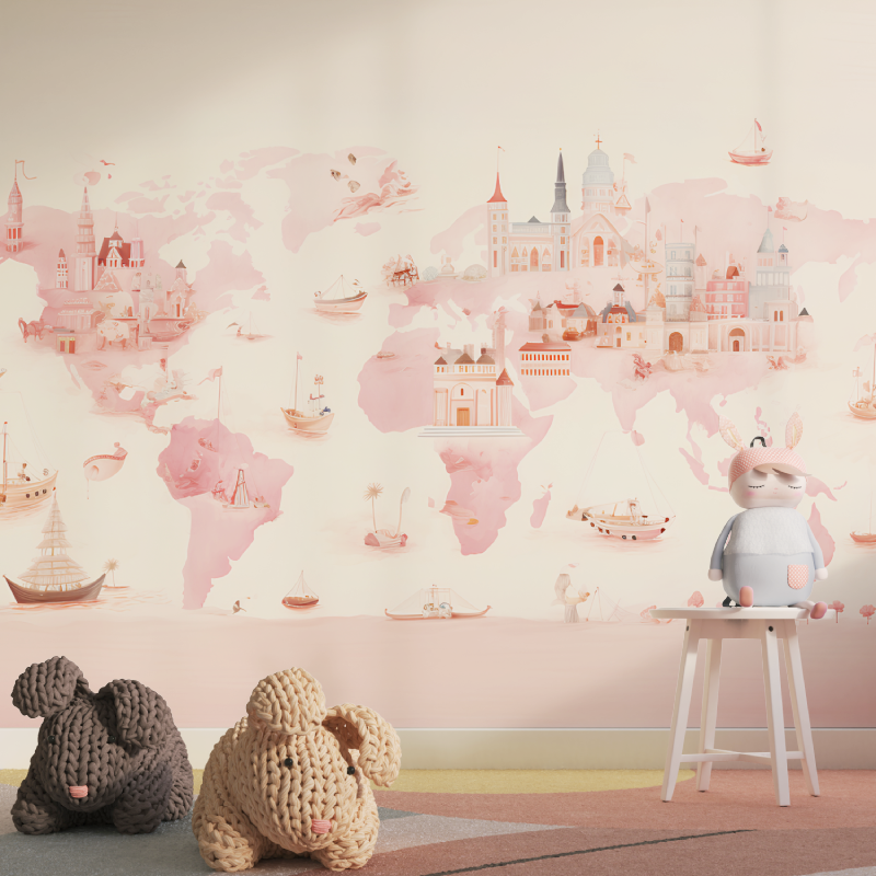 Papier peint carte du monde rose fille tapisserie pour fille