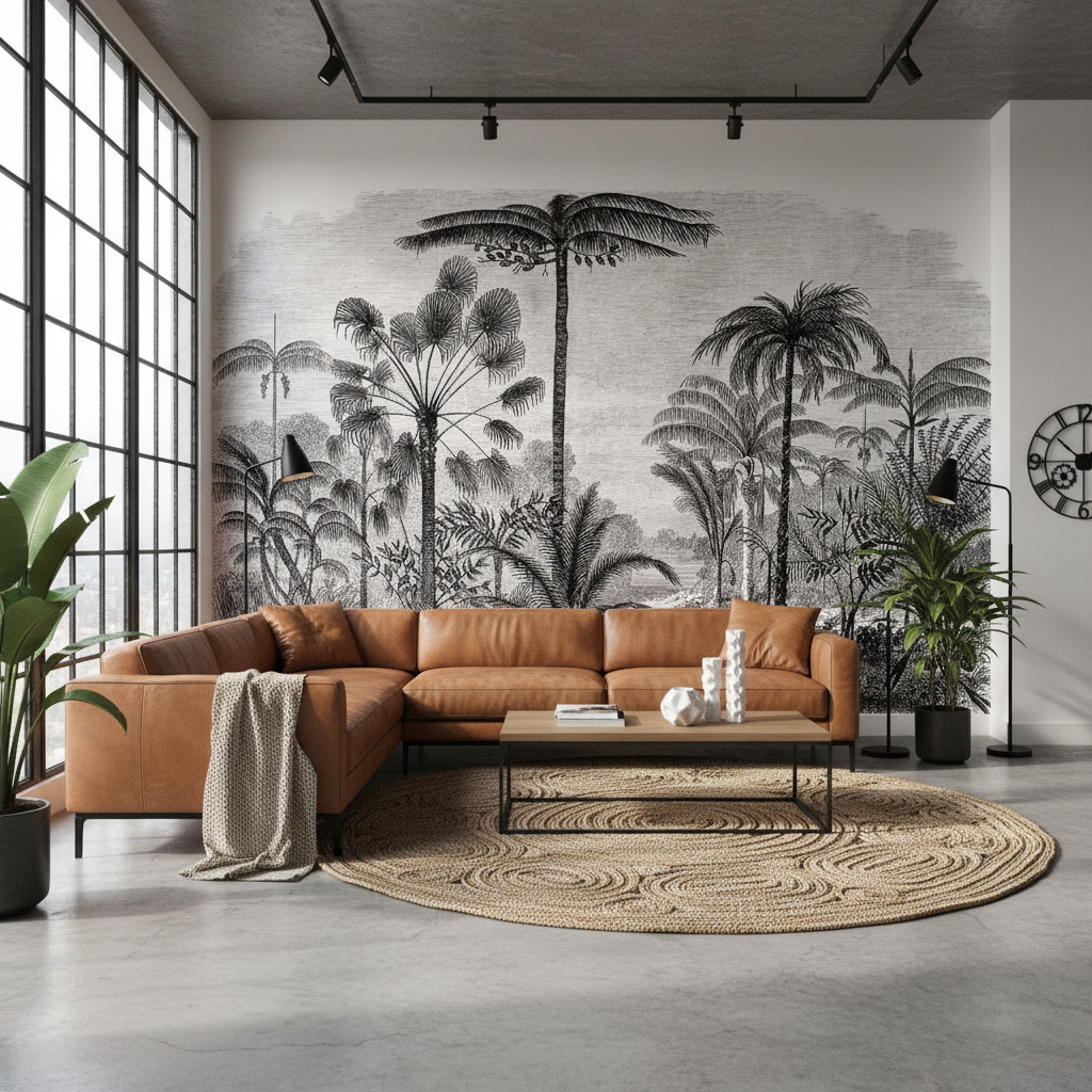 Papier Peint Décor Tropical Noir et Blanc