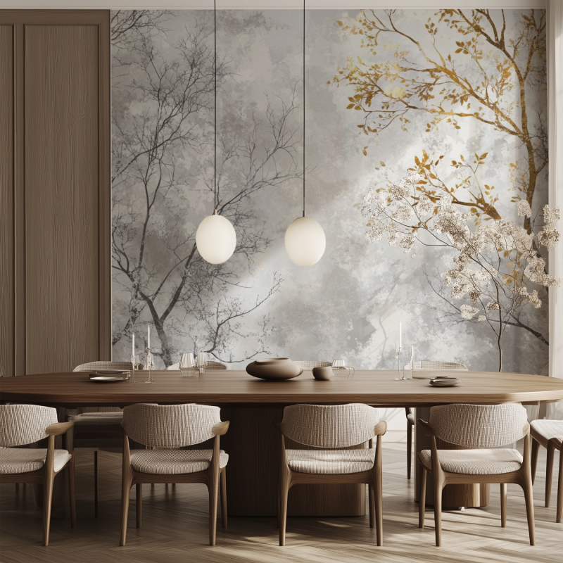 Papier peint arbre metallise salle manger tendance