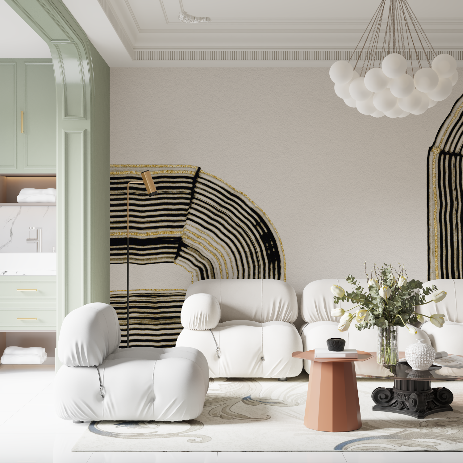 Papier peint aquarelle lignes dorees contemporain