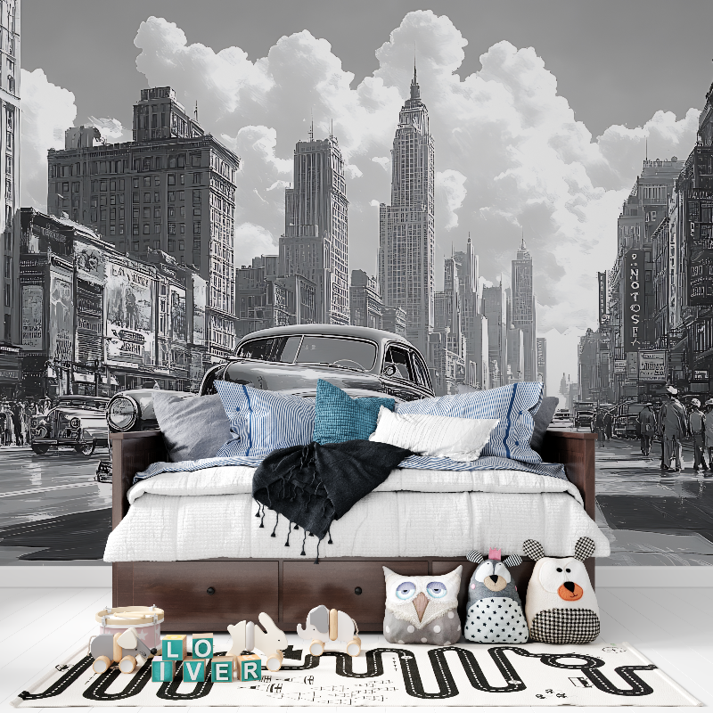 Papier peint noir et blanc retro voiture tapisserie pour ado