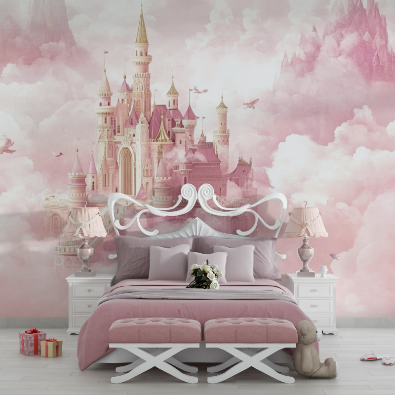 Papier peint princesse banniere et chateau chambre filles