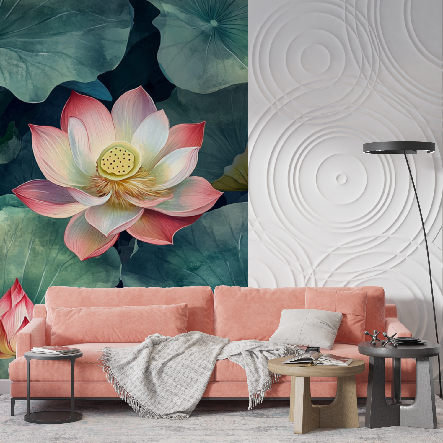 Papier peint aquarelle lotus et feuilles vertes mur