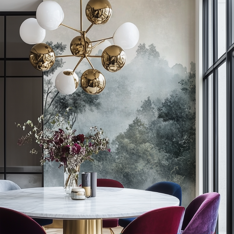 Papier peint arbre brume salon chaise