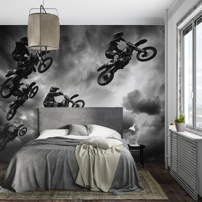 Papier peint 3d moto cross noir blanc piece ados