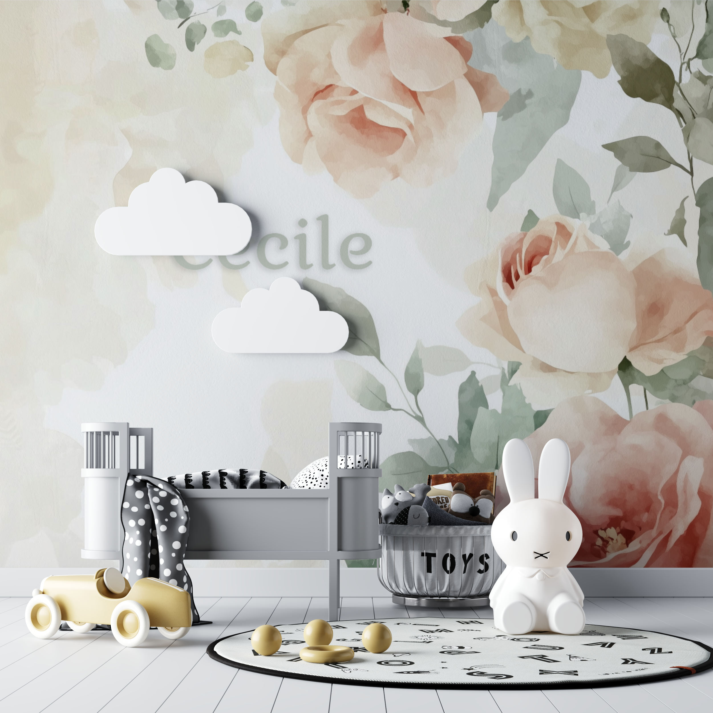 Papier peint prenom fleurs aquarelle bebe tipi