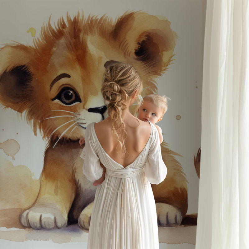 Papier peint lion bebe aquarelle bb123