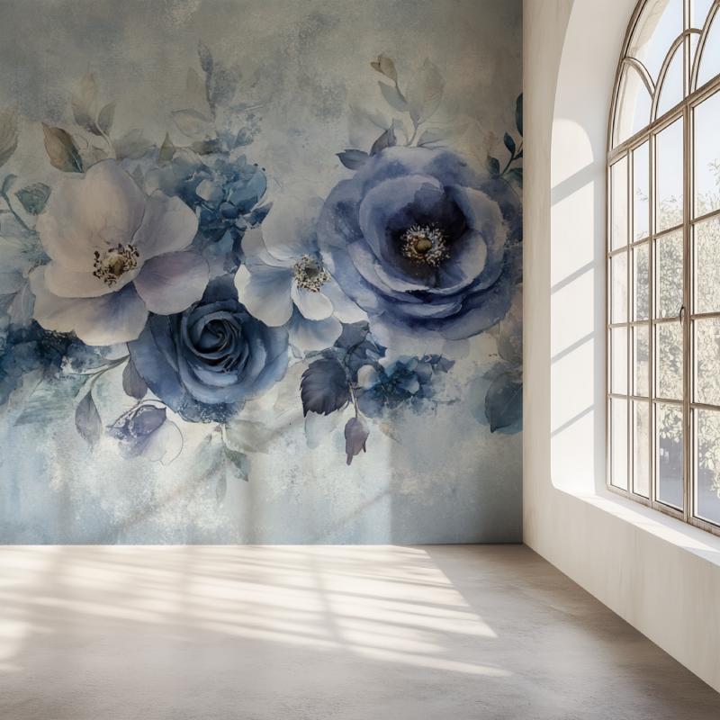 Papier peint fleuri vintage bleu mur simple