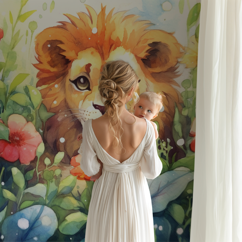 Papier peint lion et feuillage aquarelle bb123