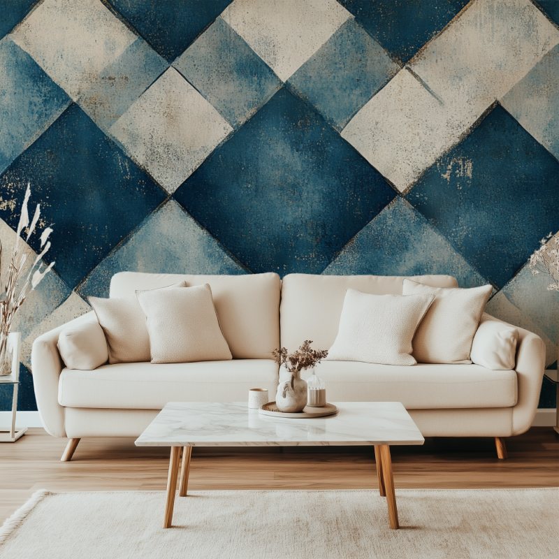 Papier peint vintage losange bleu canape simple