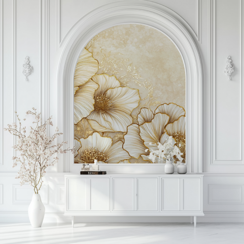 Papier peint fleur dore salon blanc