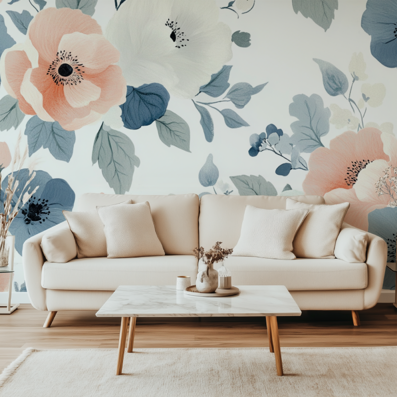 Papier peint fleur epuree canape simple