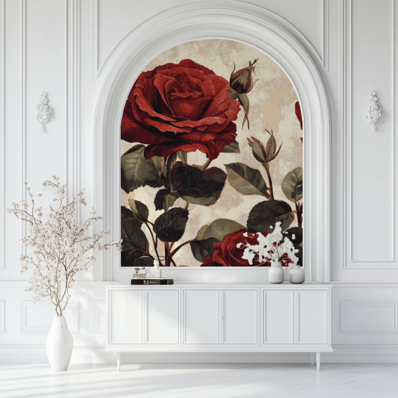 Papier peint vintage rouge et rose salon blanc