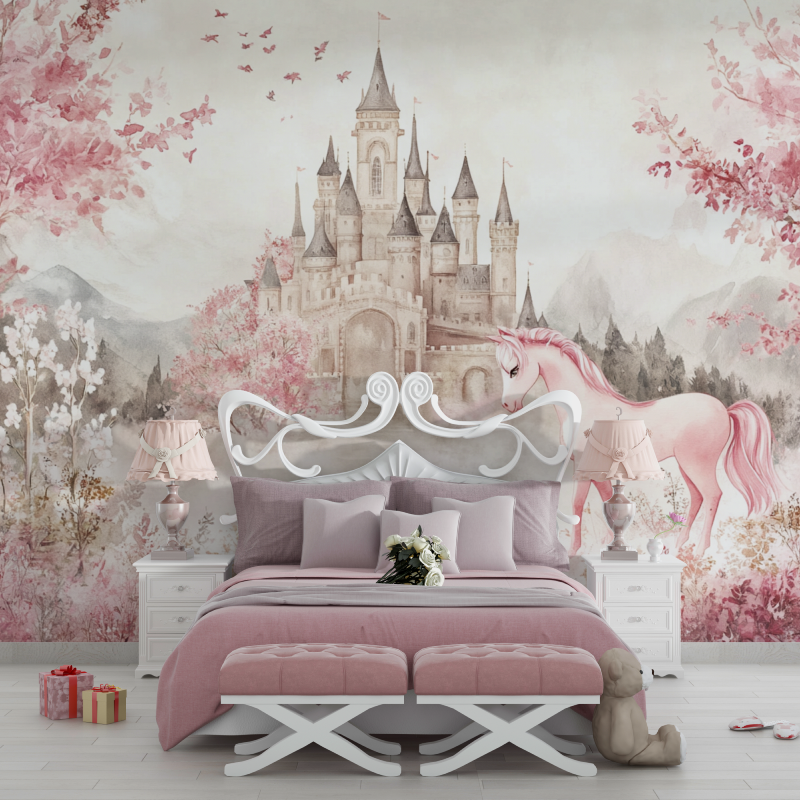 Papier peint princesse chateau et licorne chambre filles