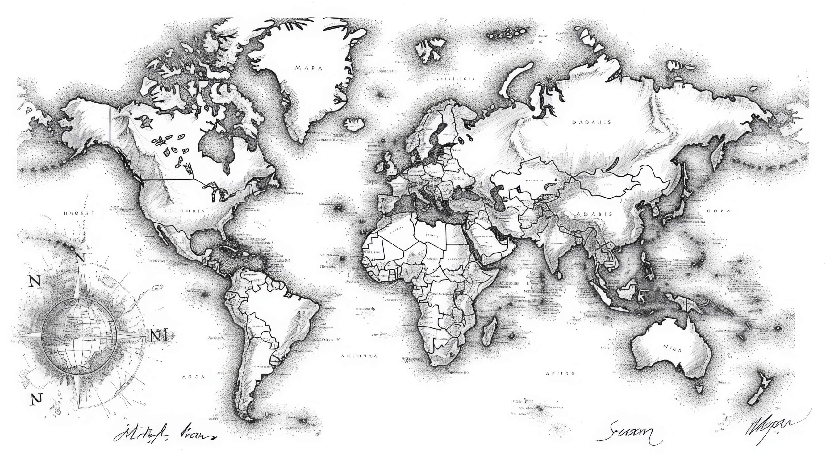 Papier Peint Carte Du Monde Calligraphie Noir Et Blanc