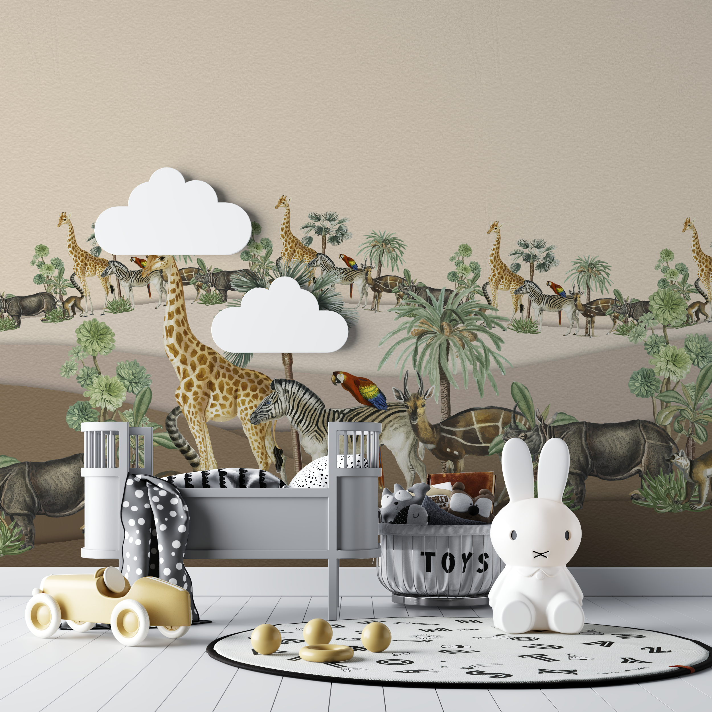 Papier peint lion et animaux safari bebe tipi