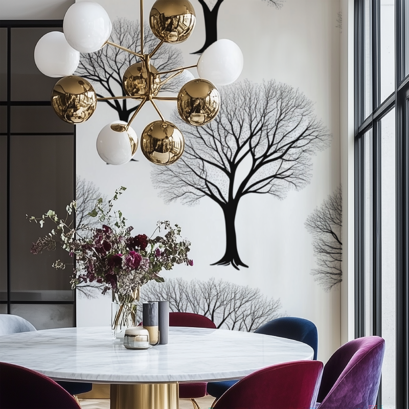 Papier peint arbre oir et blanc salon chaise