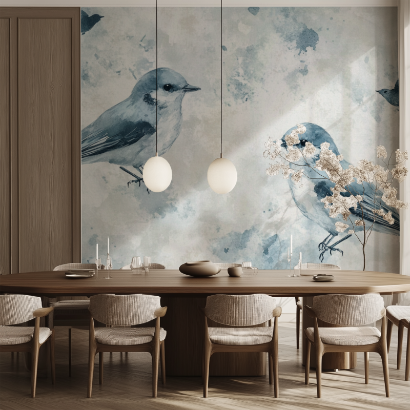 Papier peint vintage oiseaux salle manger tendance