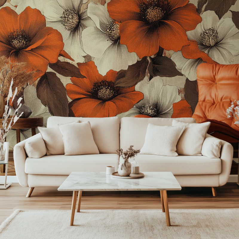 Papier peint vintage fleurs orange marron canape simple