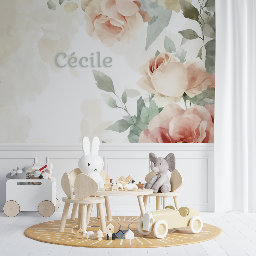 Papier peint prenom fleurs aquarelle chambre de bebe
