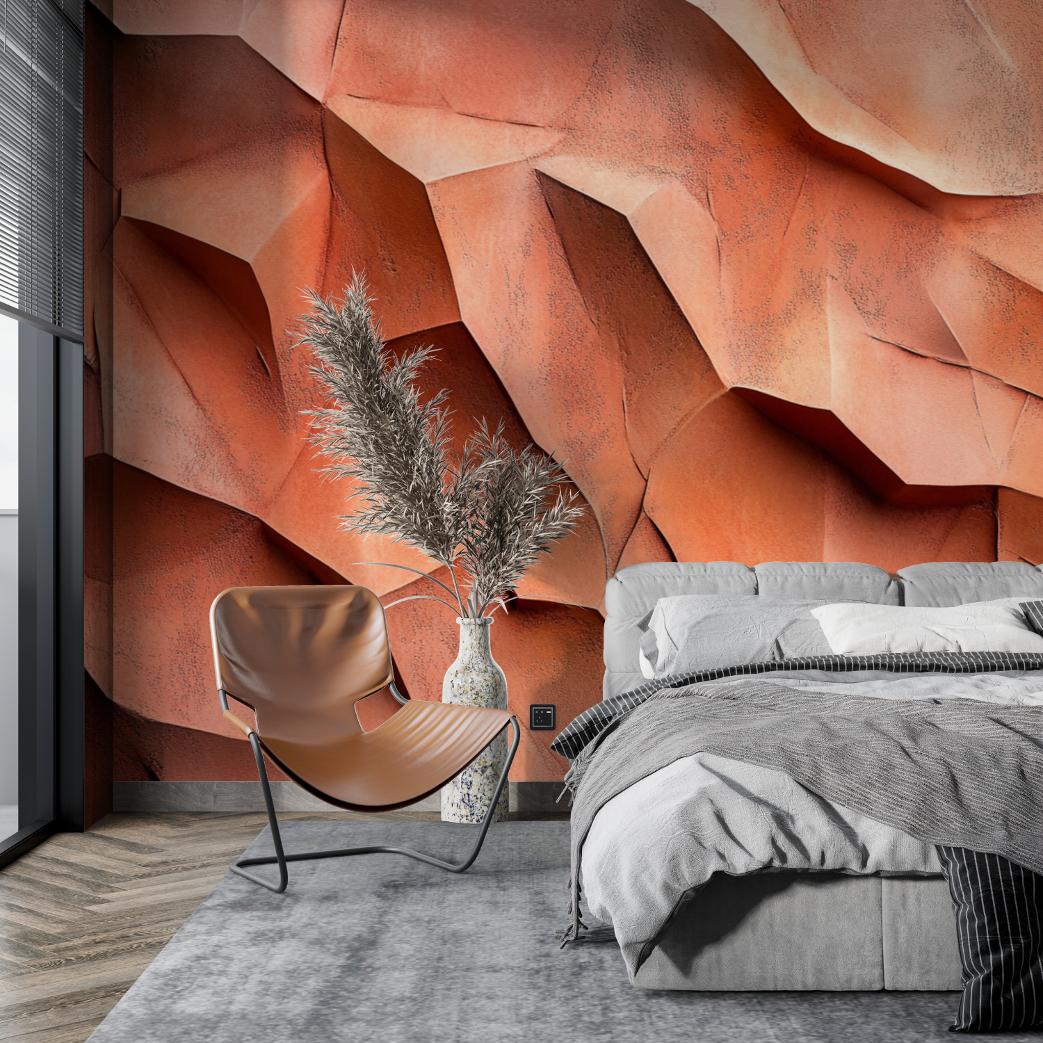 Papier peint terracotta effet platre sculpte tapisserie pano