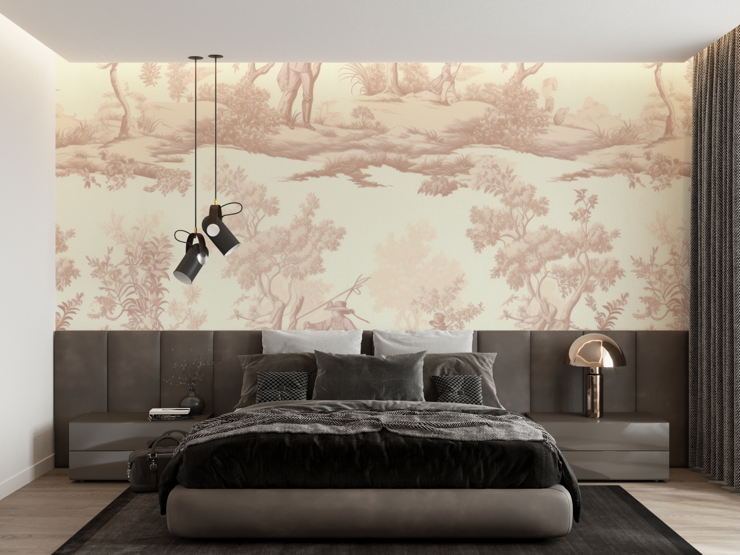 Papier Peint Toile De Jouy Beige Vintage - panoramique-mur