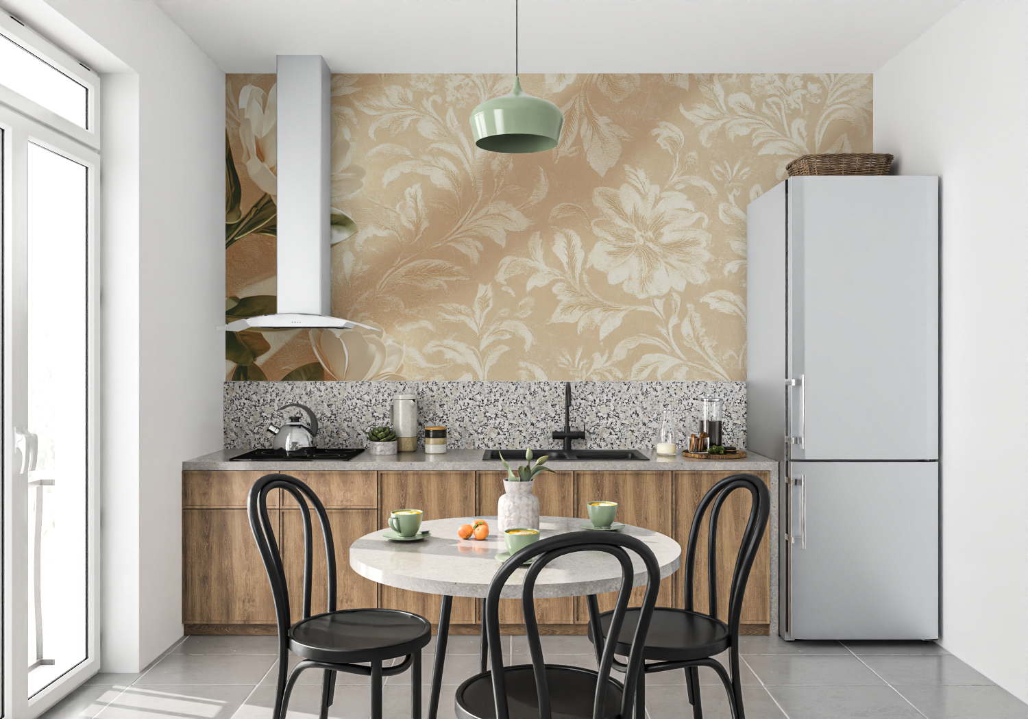 Papier peint terracotta avec touches docre jaune mur cuisine