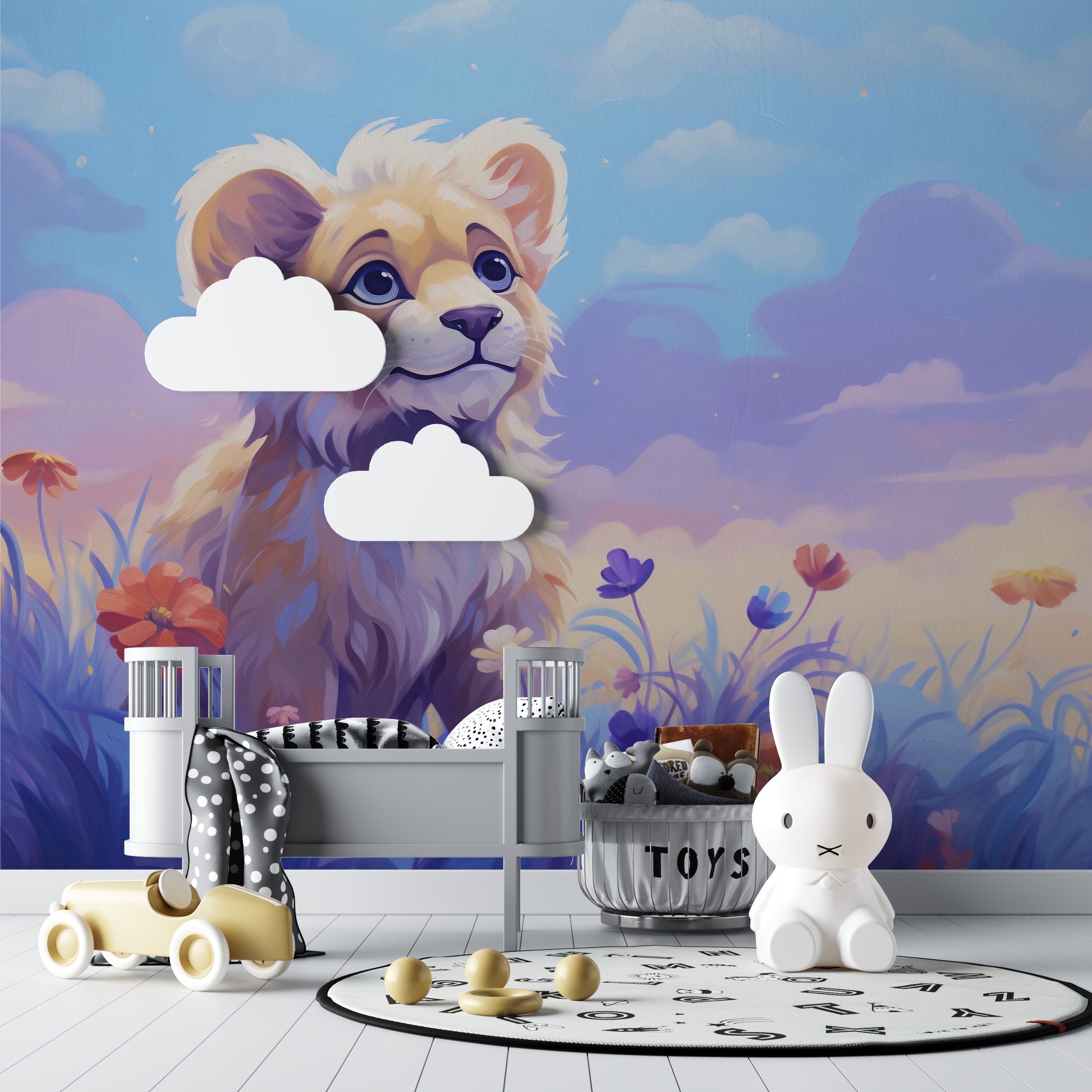 Papier peint lion et nuages pastel bebe tipi