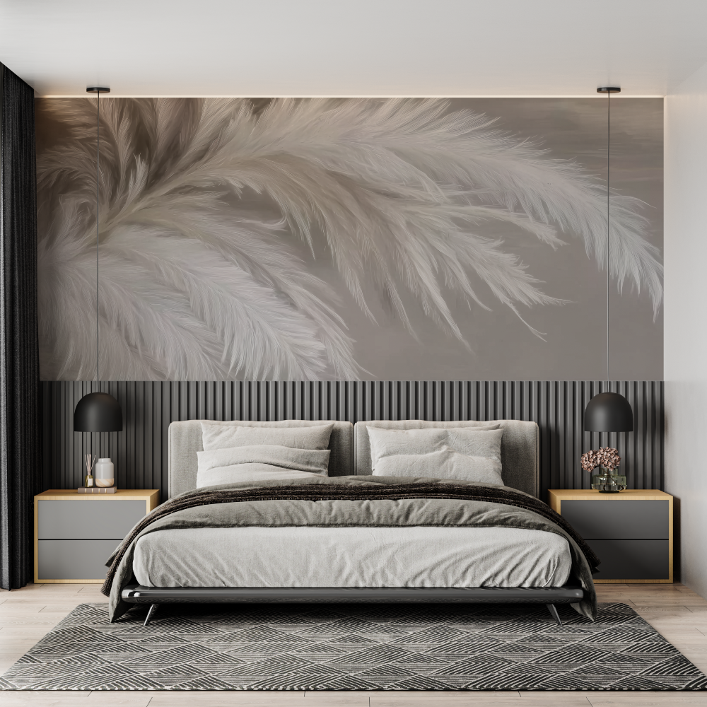 Beige white feathermural wallpaper chambre adulte tendance