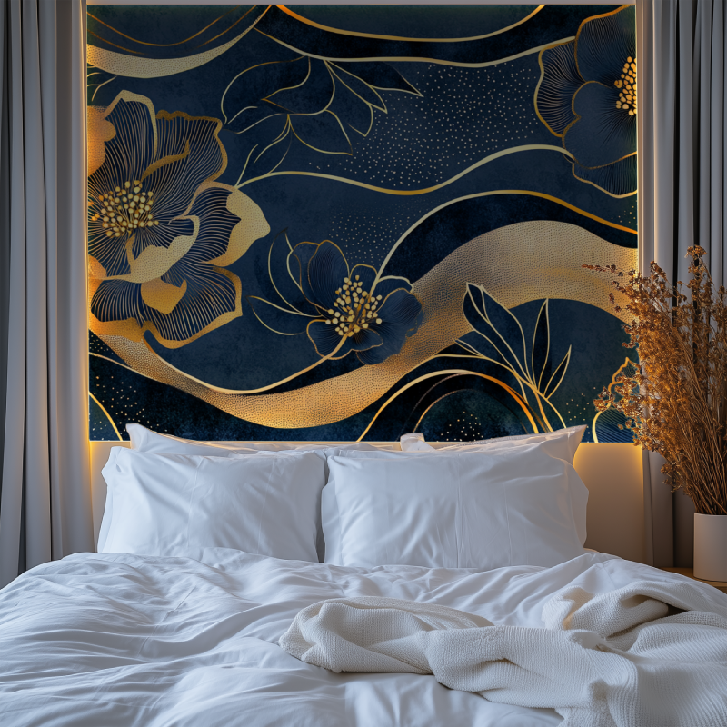 Papier peint fleur graphique deco bleu chambre premium