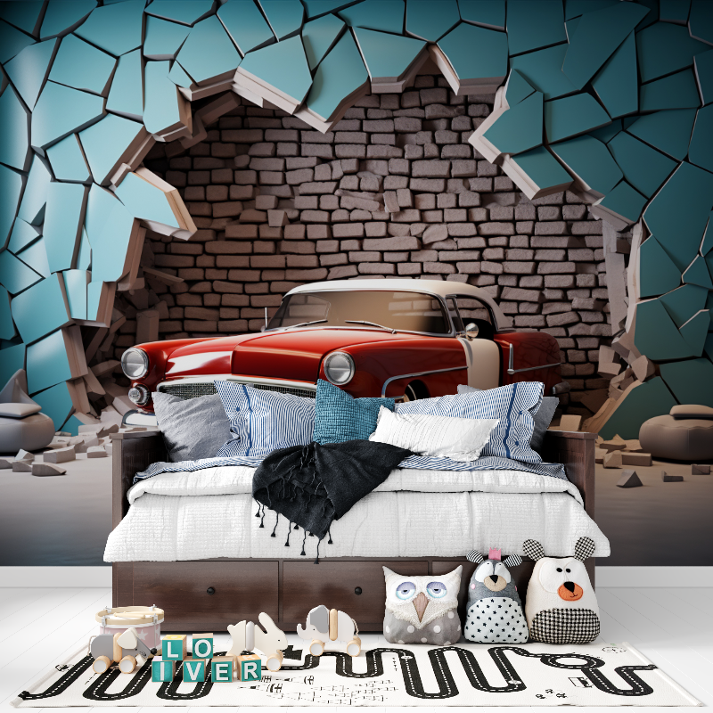 Papier peint trompe loeil voiture panoramique garcon