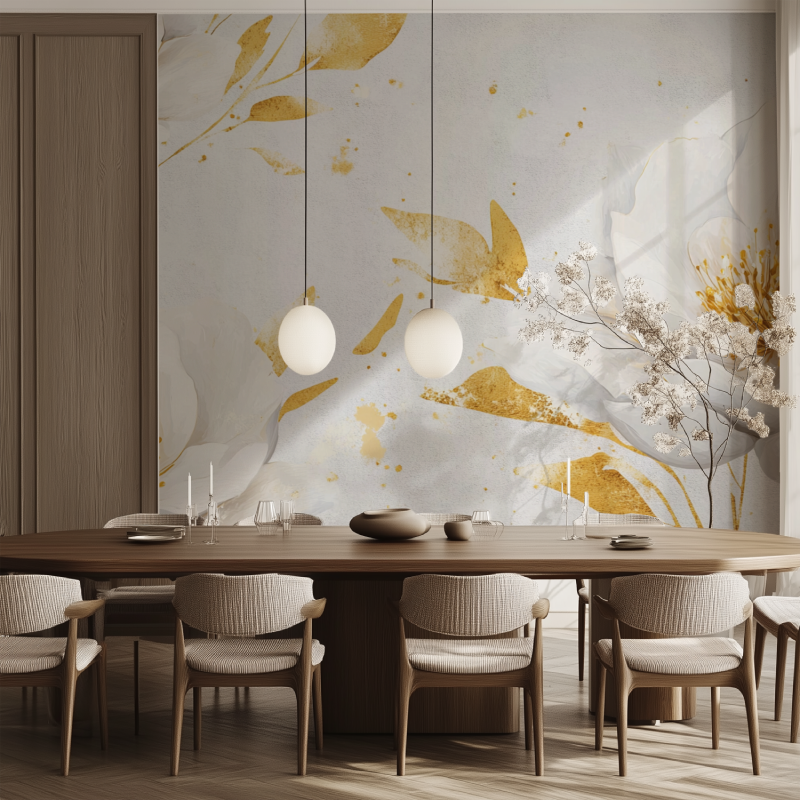 Papier peint fleur blanc et or salle manger tendance