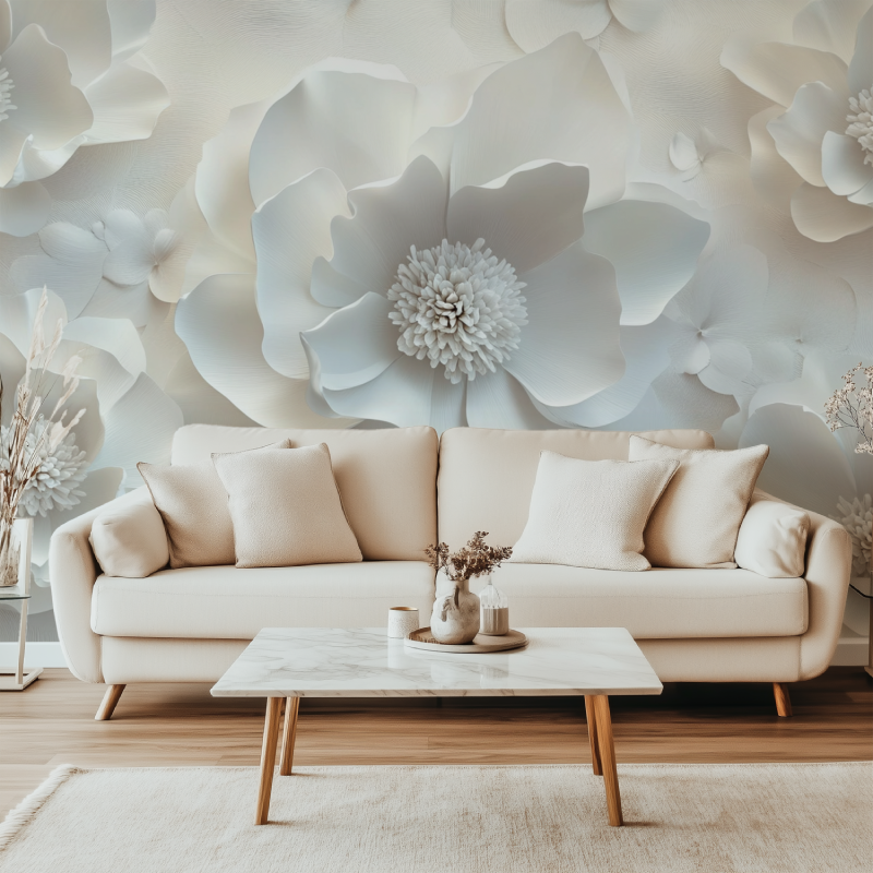 Papier peint fleur blanche relief canape simple
