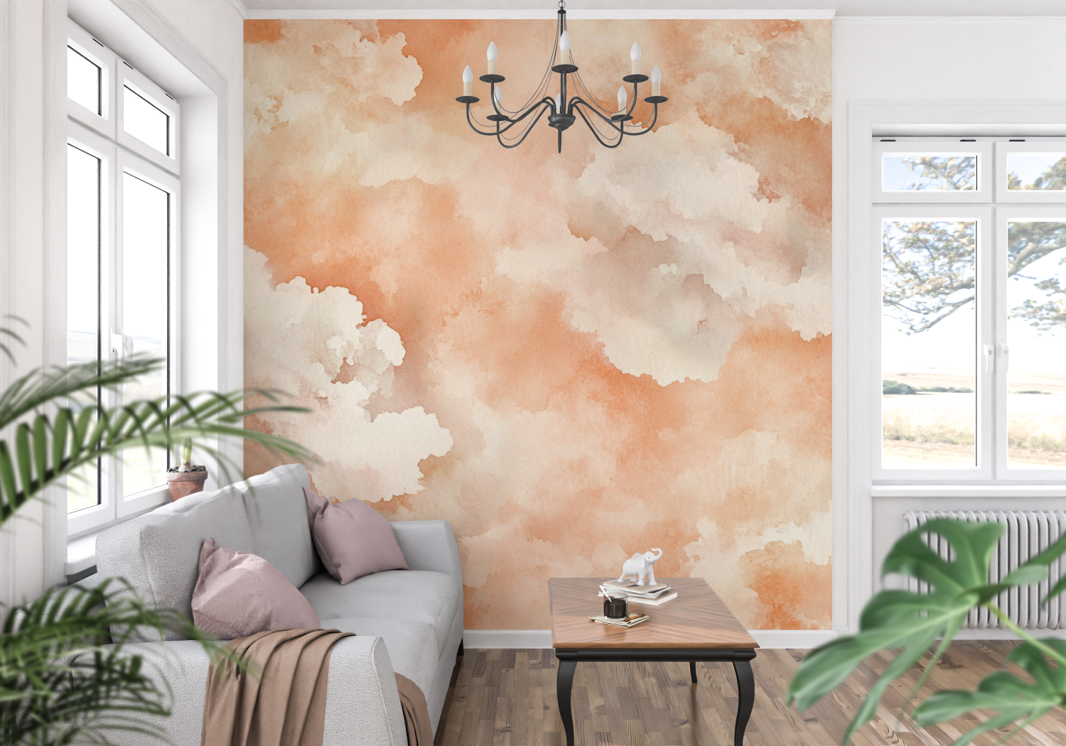 Papier peint terracotta ciel nuageux pastel panoramique mur