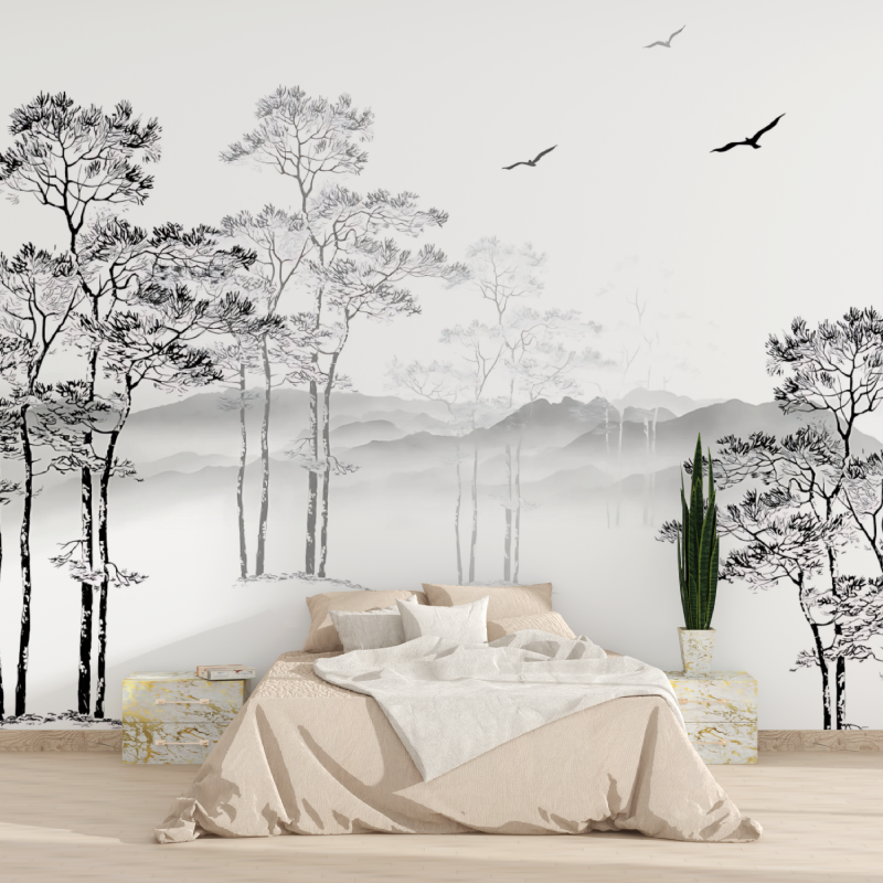 Papier Peint Arbre Noir et Blanc