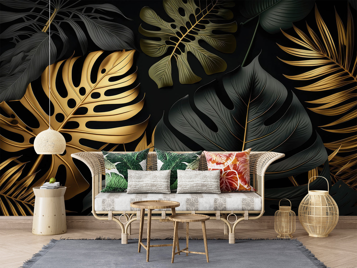 Papier Peint Feuillage Noir Et Or