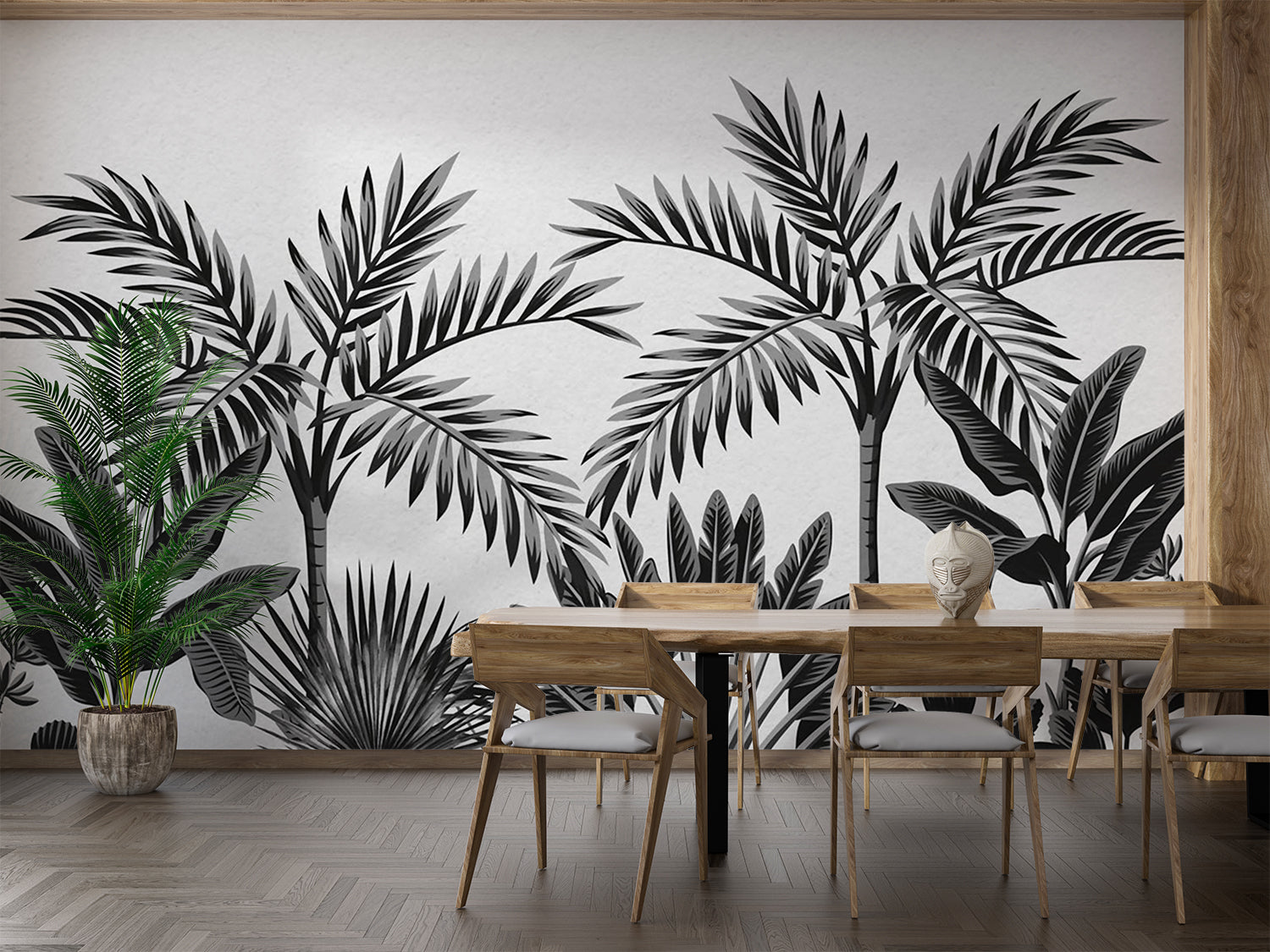Papier Peint Feuillage Tropical Noir Et Blanc