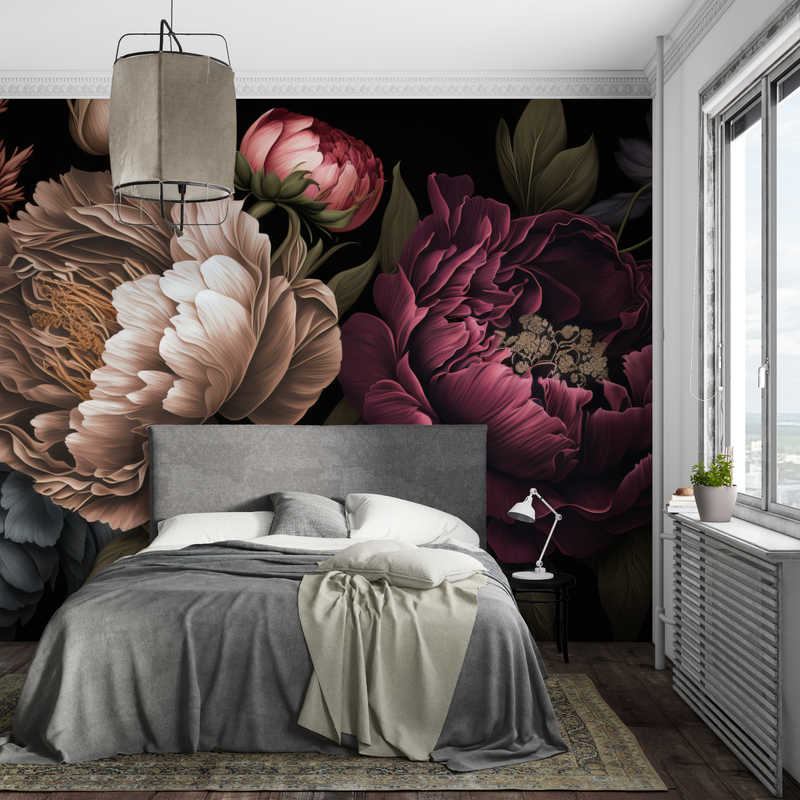 Papier Peint Fleurs Sur Fond Noir - pano mural