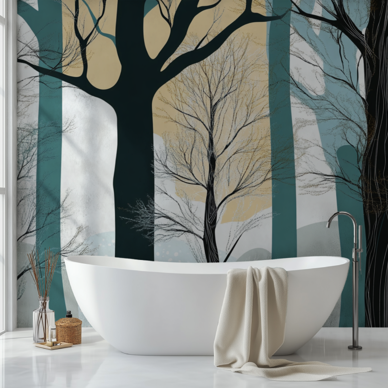 Papier peint arbre rayures sdb