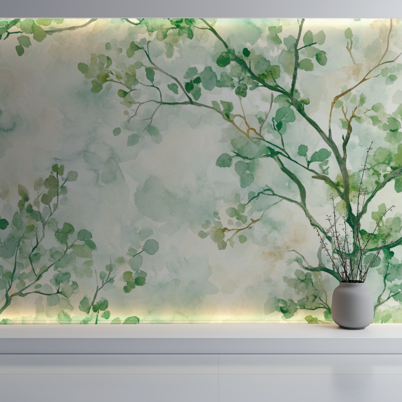 Papier peint arbre feuillu mur blanc