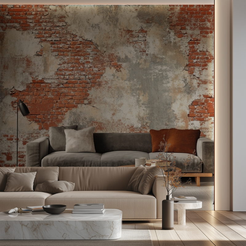 Papier peint trompe loeil brique canape neon