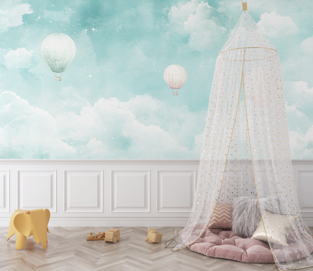 Papier peint montgolfiere et paysages marins bebe