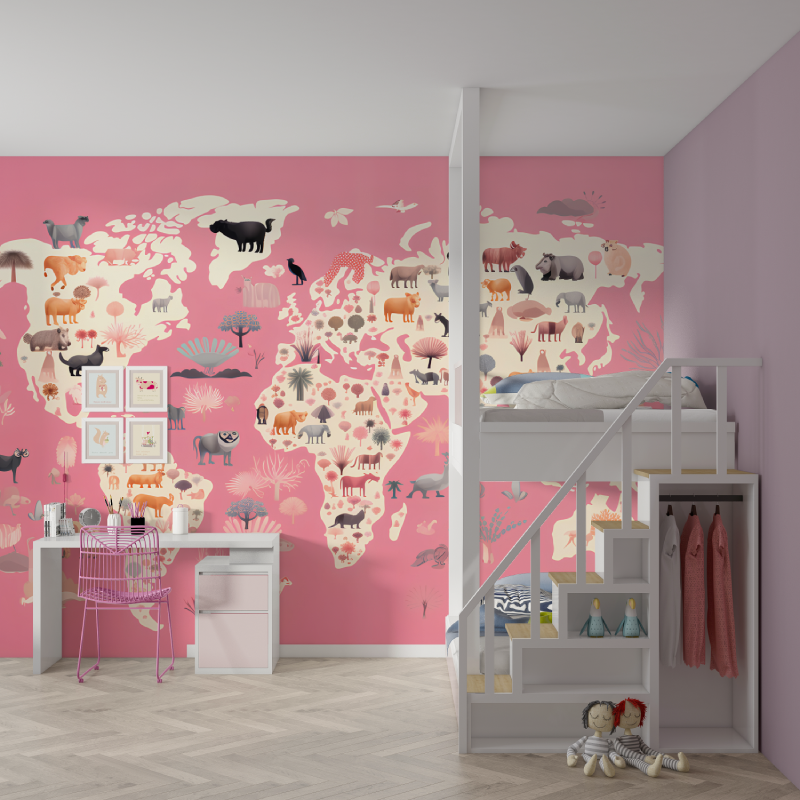 Papier peint carte du monde ani...ant rose mur chambre fille