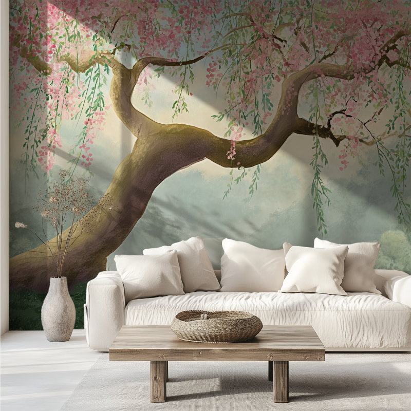 Panoramic cherry tree mural wallpaper canape tendance
