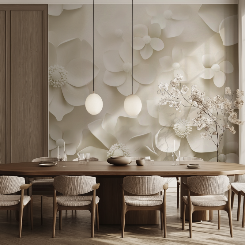 Papier peint fleur blanche salle manger tendance