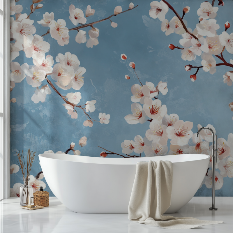 Papier peint fleur de cerisiee sdb