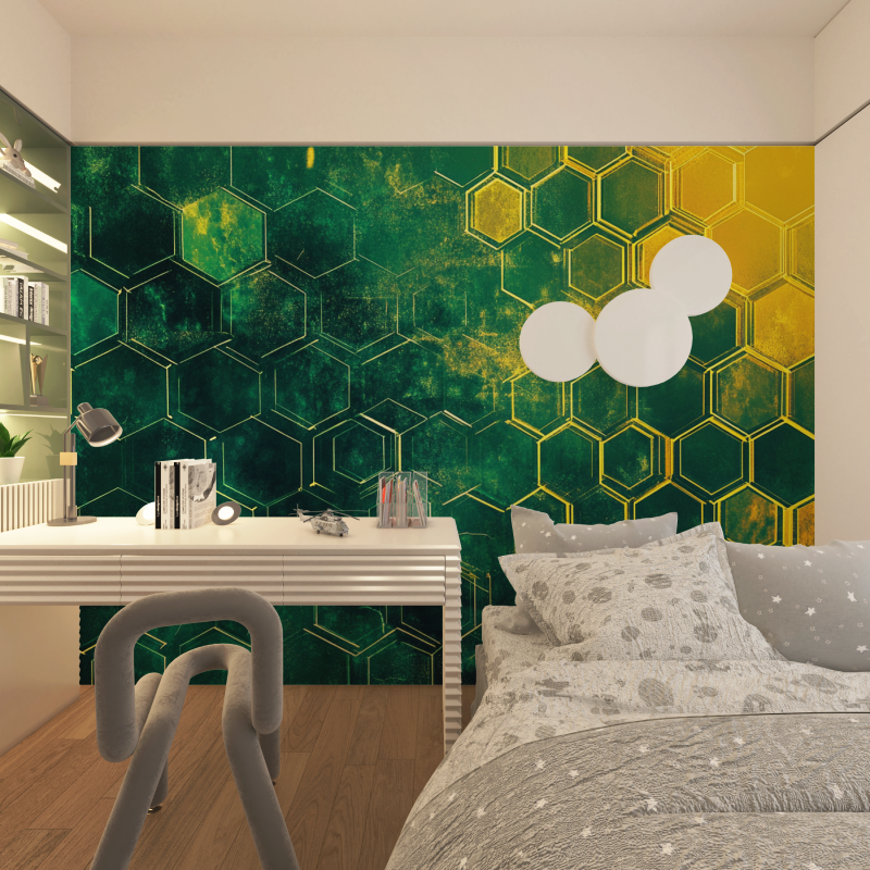 Papier peint enfant hexagones neon vert chambre adolescents